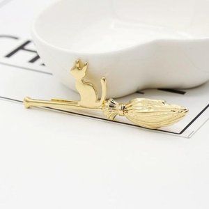 Gold Tone Cat on Broomstick Hair Pin